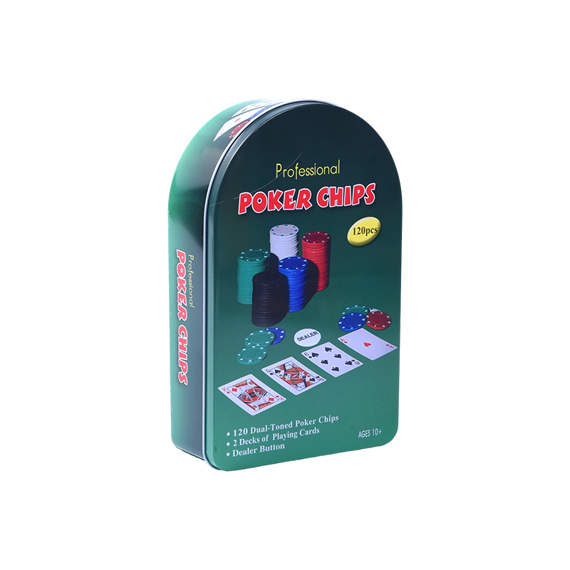 Green Arched Metal Tin 120 Chips na may Mga Card at Dealer Button Professional Poker Chips Set