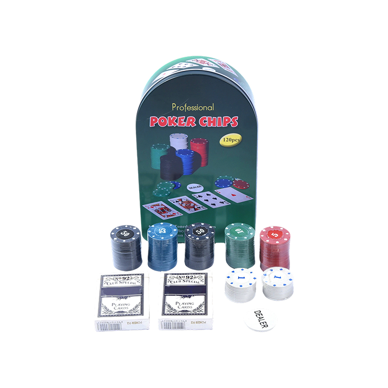 Green Arched Metal Tin 120 Chips na may Mga Card at Dealer Button Professional Poker Chips Set