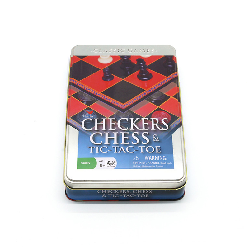 Classic na 2-in-1 Checkers, Chess at Tic-Tac-Toe Tin Set
