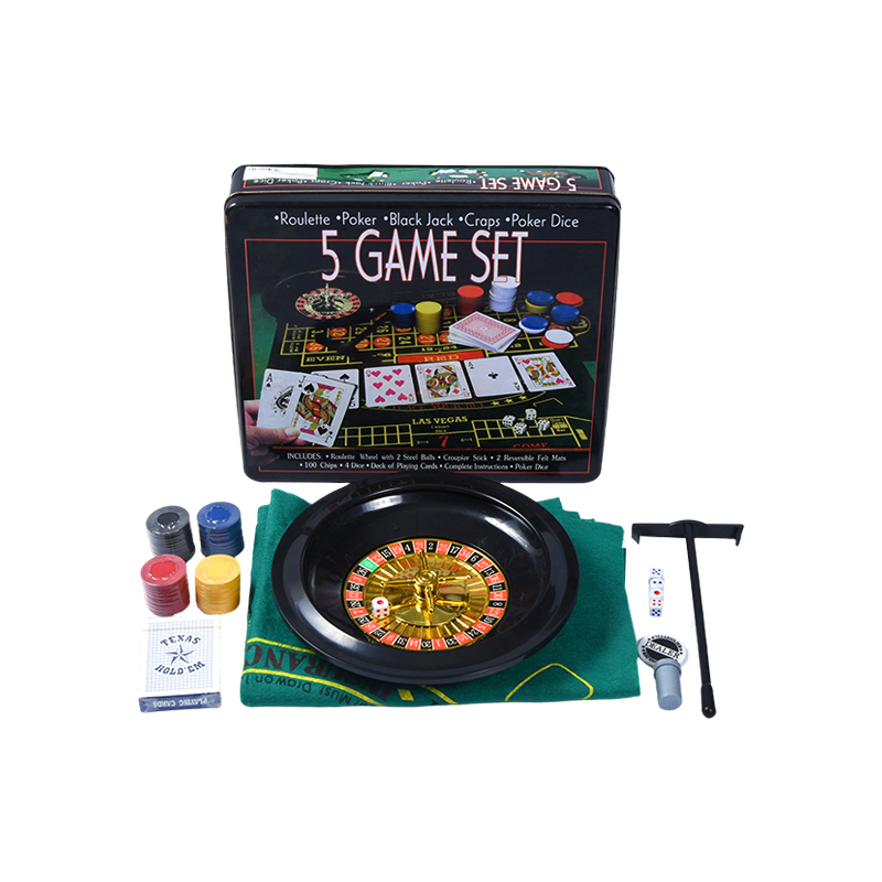 5-in-1 na Casino Game Set – Roulette, Poker, Black Jack, Craps, Poker Dice sa Metal Tin