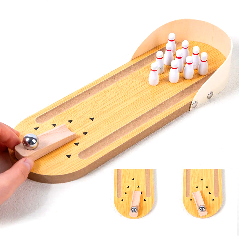Compact Wooden Set na may Steel Ball at Pins Mini Desktop Bowling Game