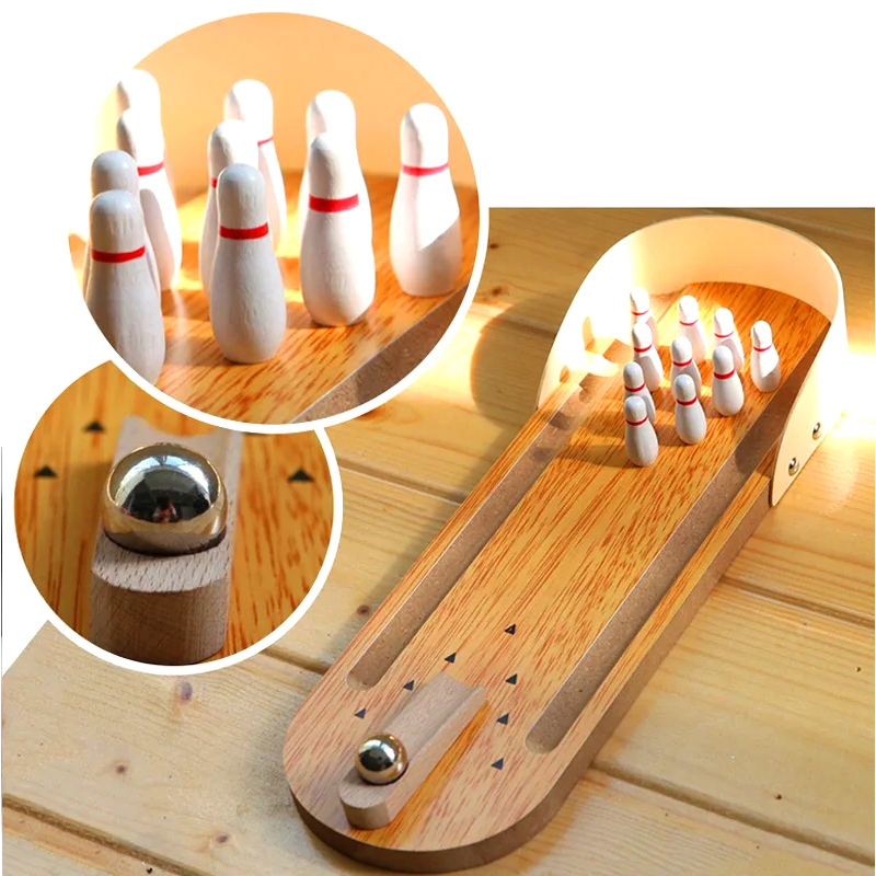 Compact Wooden Set na may Steel Ball at Pins Mini Desktop Bowling Game